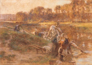 Lavandières dans un paysage fluvial ensoleillé